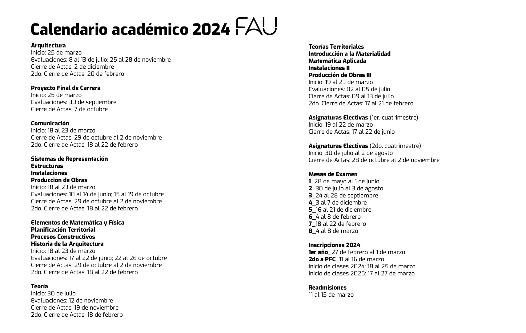 Calendario académico Facultad de Arquitectura y Urbanismo UNLP